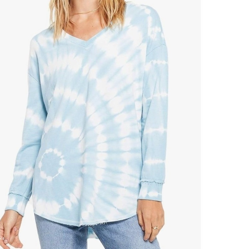 Z Supply Blue Tie Dye V‎ Neck Long Sleeve Top Relaxed Fit Comfy Soft